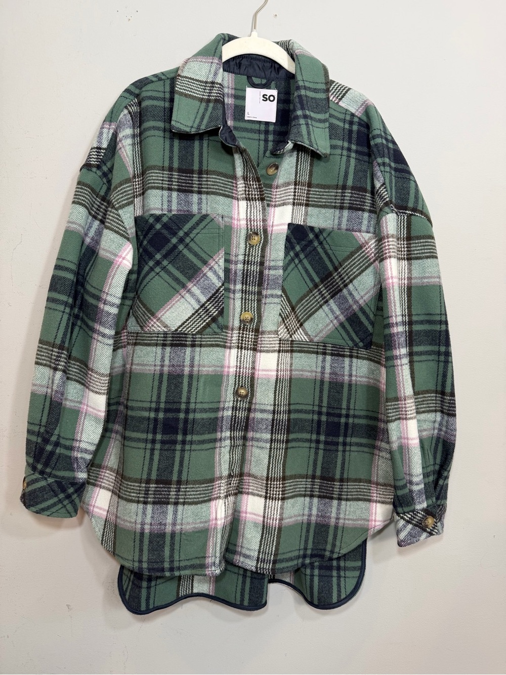SO green navy thick flannel shacket size large